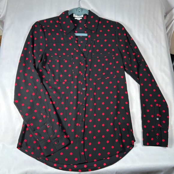 Express Size Small Slim Fit The Portofino Shirt Black & Red Polka Dot Blouse - Picture 1 of 11